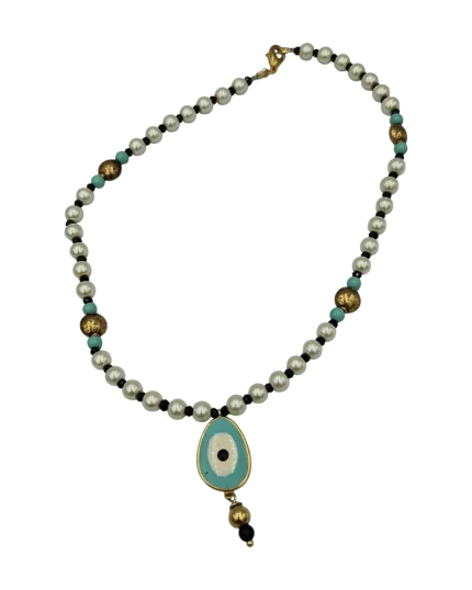 Κολιέ χειροποίητο με πέρλες και μάτι απο σμάλτο